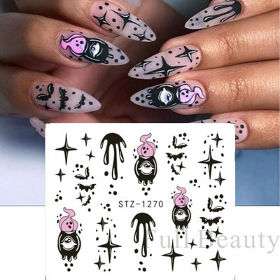 Melna zirnekļa ūdens nagu uzlīmes Helovīna ļauno acu nagu mākslas uzlīmes zirnekļa tīkls spoku sejas slīdņi manikīra dekorēšana FBBLE1341