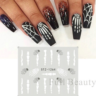 Melna zirnekļa ūdens nagu uzlīmes Helovīna ļauno acu nagu mākslas uzlīmes zirnekļa tīkls spoku sejas slīdņi manikīra dekorēšana FBBLE1341