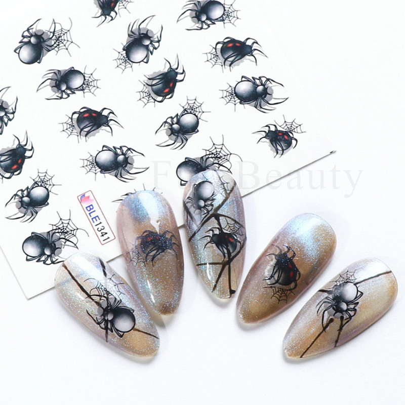 Melna zirnekļa ūdens nagu uzlīmes Helovīna ļauno acu nagu mākslas uzlīmes zirnekļa tīkls spoku sejas slīdņi manikīra dekorēšana FBBLE1341