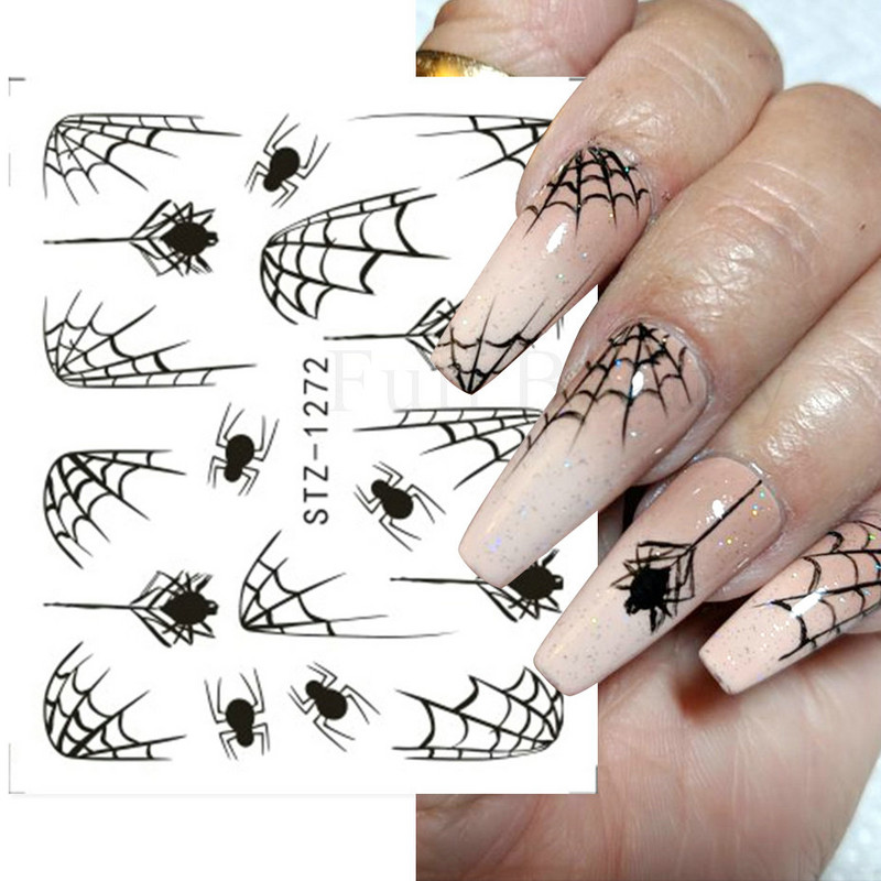 Melna zirnekļa ūdens nagu uzlīmes Helovīna ļauno acu nagu mākslas uzlīmes zirnekļa tīkls spoku sejas slīdņi manikīra dekorēšana FBBLE1341