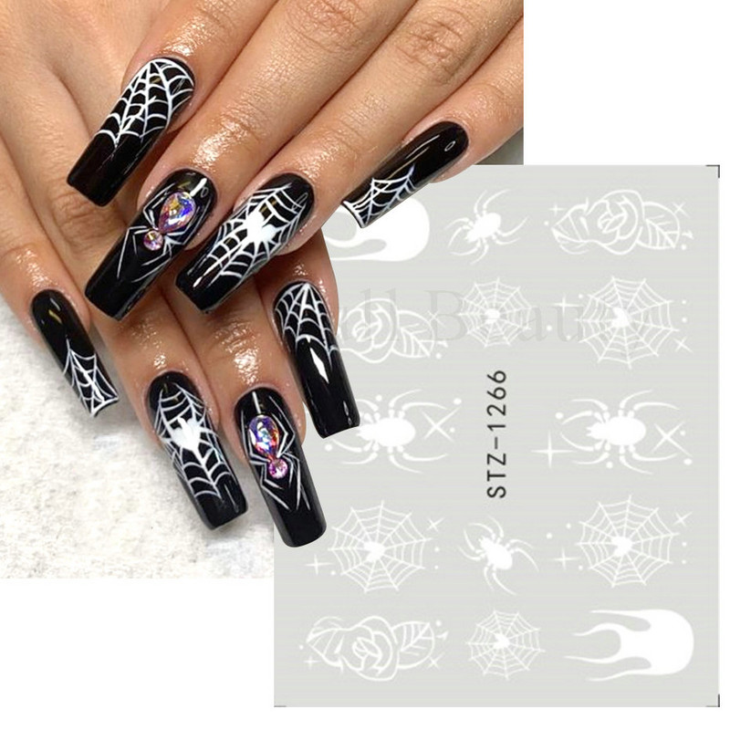 Melna zirnekļa ūdens nagu uzlīmes Helovīna ļauno acu nagu mākslas uzlīmes zirnekļa tīkls spoku sejas slīdņi manikīra dekorēšana FBBLE1341