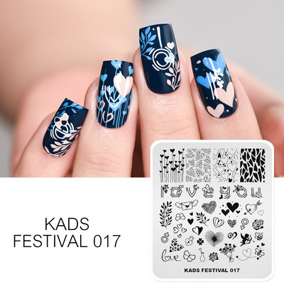 KADS Nail Art Valentīna dienas nagu zīmogplāksnes Sirds zīmogu naglu veidne Ziemassvētku zieds Daba nagu trafareti plākšņu komplekts