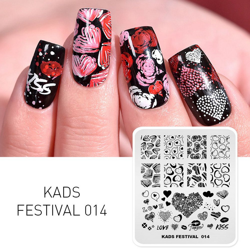 KADS Nail Art Valentīna dienas nagu zīmogplāksnes Sirds zīmogu naglu veidne Ziemassvētku zieds Daba nagu trafareti plākšņu komplekts