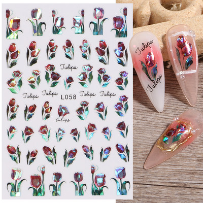 Laser τρισδιάστατο αυτοκόλλητο νυχιών Tulip Flower Geometric Design Summer Leaf Flamingo Adhesive Sliders Holographic Nail Decal Manicure FBL058