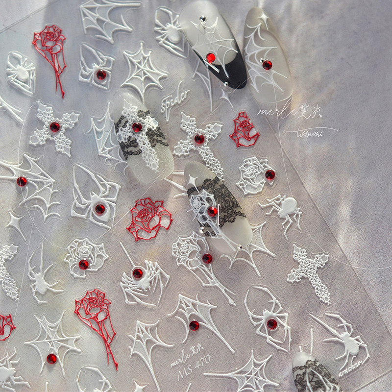 Augstas kvalitātes melnbalts dzirkstošais apvalks, gaišs zirnekļa tīkls, roze, nagu uzlīmes nagu mākslas uzlīmes dizaina manikīra rīks MS-468