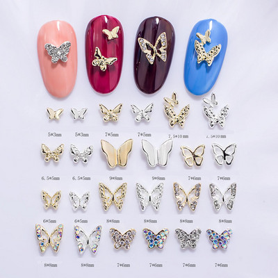10 tk Mini õõnes liblikas küünekunsti amuletid 3D metallist hõbe/kuld teemant liblikas küünte kaunistus DIY küünte tarvikud