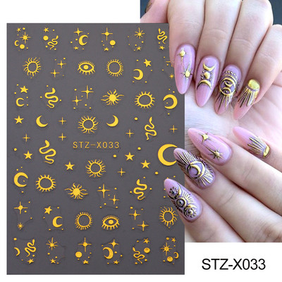 Šķembu metāla mēness kaklarota nagu uzlīmes Elegants nagu mākslas dizains 3D zelts bronzējošs sirds slēdzene Zvaigzne Saules slīdņi dekoru aksesuāri