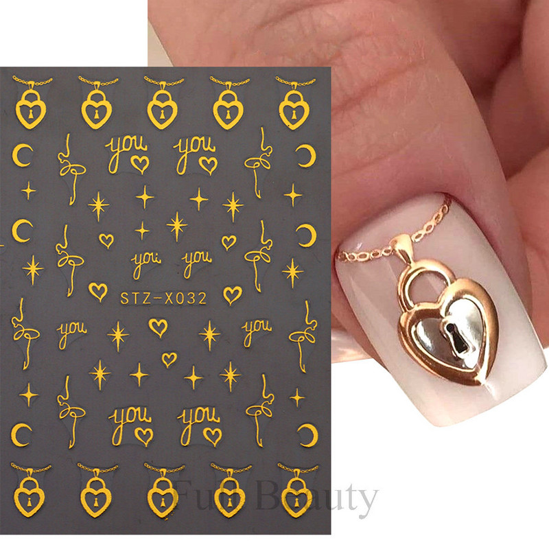Šķembu metāla mēness kaklarota nagu uzlīmes Elegants nagu mākslas dizains 3D zelts bronzējošs sirds slēdzene Zvaigzne Saules slīdņi dekoru aksesuāri