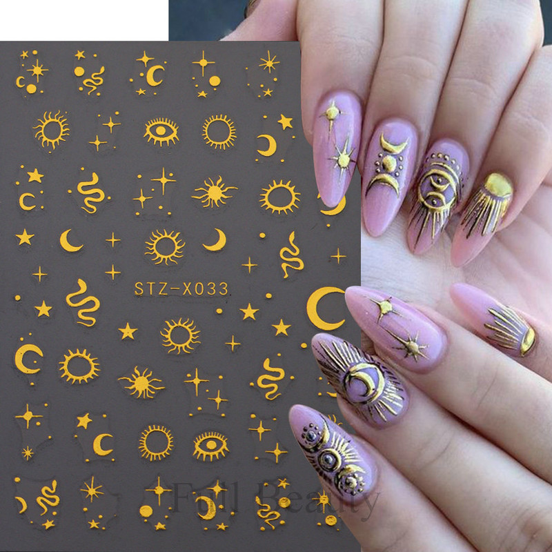 Šķembu metāla mēness kaklarota nagu uzlīmes Elegants nagu mākslas dizains 3D zelts bronzējošs sirds slēdzene Zvaigzne Saules slīdņi dekoru aksesuāri