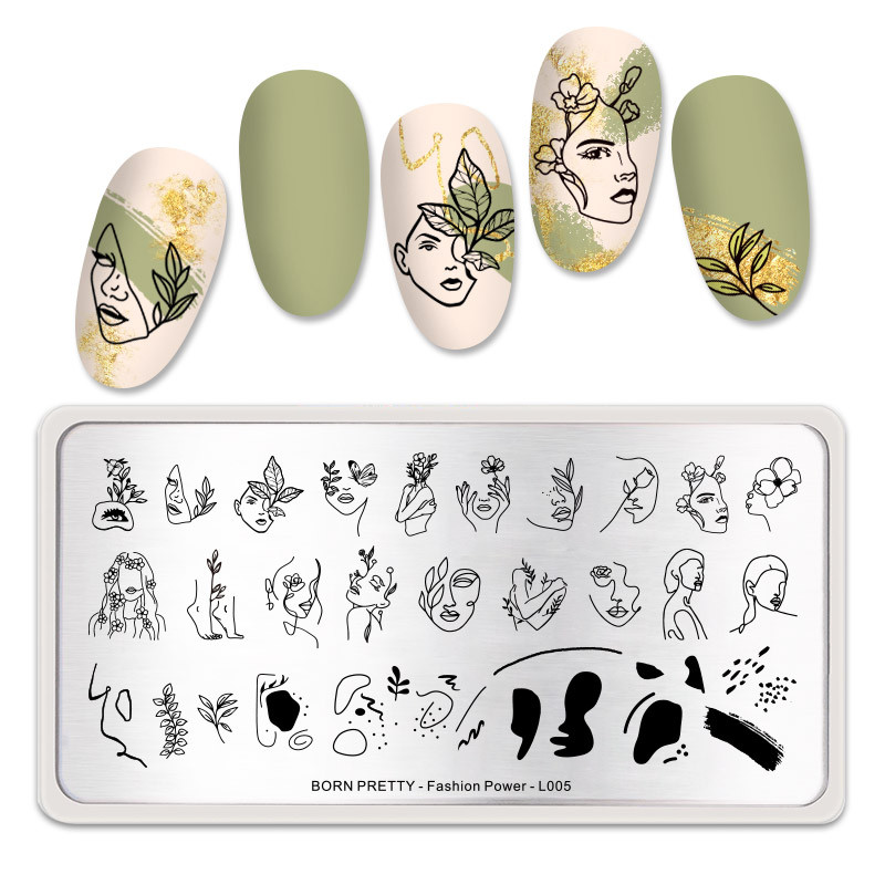 BORN PRETTY körömbélyegző lemezek portré virágos körömdísztábla sablon acél geometriai nyomdai stencil divat Power-L005