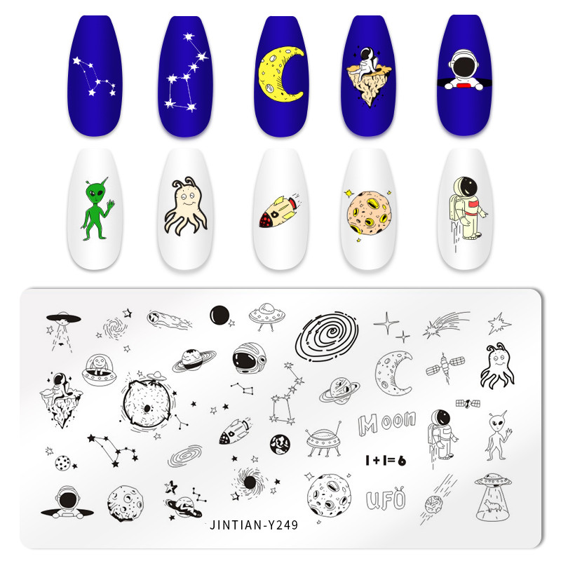Moon Star Rocket nagu štancēšanas plāksne DIY Galaxy Space Astronaut Universe Pattern Nail Art Attēla veidne Manikīra trafareta rīks