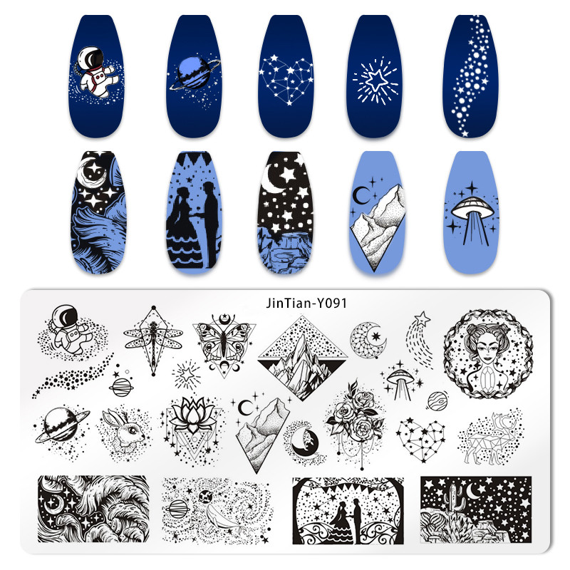 Moon Star Rocket nagu štancēšanas plāksne DIY Galaxy Space Astronaut Universe Pattern Nail Art Attēla veidne Manikīra trafareta rīks