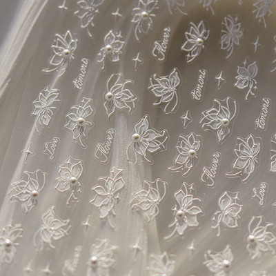 5D Pearl Bowknot Rose Flower Nagu uzlīmes Gravētas Slīdnes nagu dekorēšanai Melnbaltas Elegantas manikīra uzlīmes T-2892