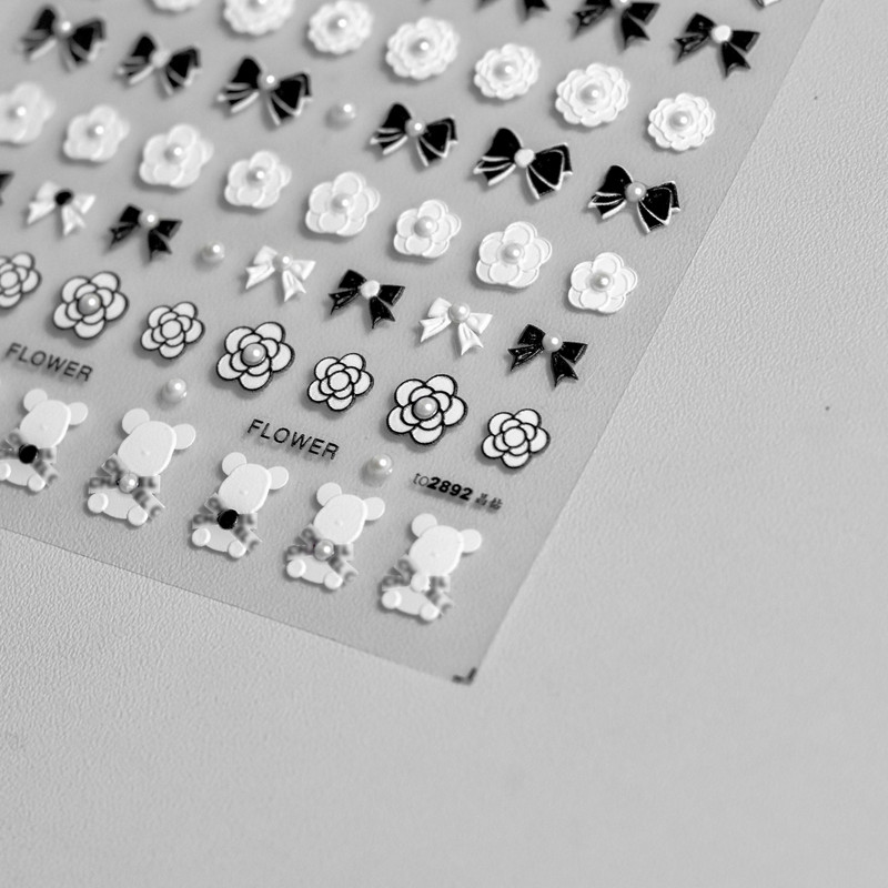 5D Pearl Bowknot Rose Flower Nagu uzlīmes Gravētas Slīdnes nagu dekorēšanai Melnbaltas Elegantas manikīra uzlīmes T-2892