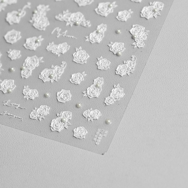 5D Pearl Bowknot Rose Flower Nagu uzlīmes Gravētas Slīdnes nagu dekorēšanai Melnbaltas Elegantas manikīra uzlīmes T-2892