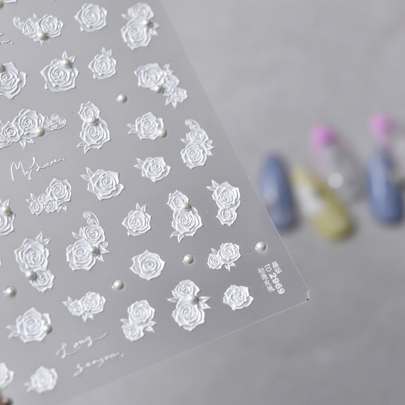 5D Pearl Bowknot Rose Flower Nagu uzlīmes Gravētas Slīdnes nagu dekorēšanai Melnbaltas Elegantas manikīra uzlīmes T-2892