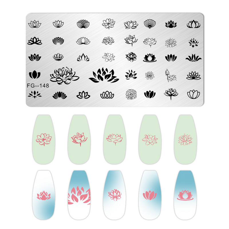 Lotus Flowers nagu apzīmogošanas plāksne nerūsējošā tērauda veidne ziedu raksta taisnstūra veidne manikīra nagu mākslas zīmoga attēla plāksne