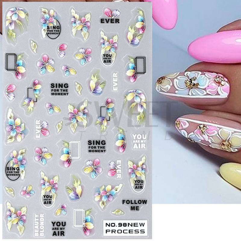 3D rozā ziedu ziedlapiņas nagu mākslas uzlīmes margrietiņa lapa tauriņš bite tulpe saulespuķe vasara gudrs dzīvnieks slīdnis nagu rotājums JINO