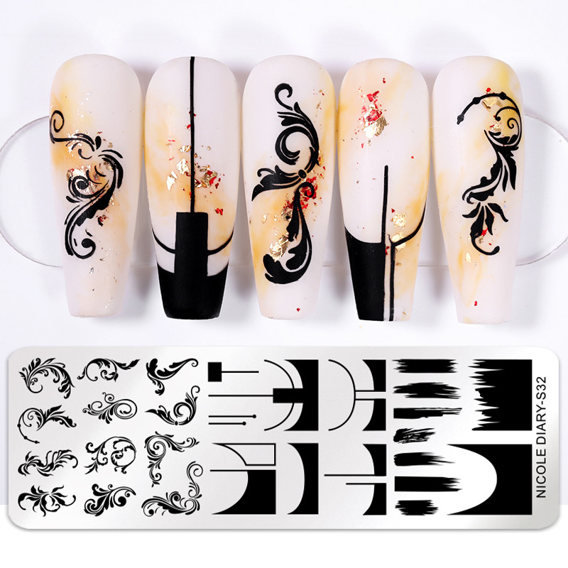 NICOLE DIARY French Line Series Nagu štancēšanas plāksnes Ģeometrija Ziedu lapu attēls Trafarets Veidne Nagu mākslas zīmogu pulēšanas drukāšanas rīks