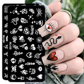 Helovīna nagu apzīmogošanas plāksnes Čūskas sirds ģeometrija franču līnija tauriņš, lapa mežģīnes nagu mākslas laka drukas veidņu rīki KEMJ