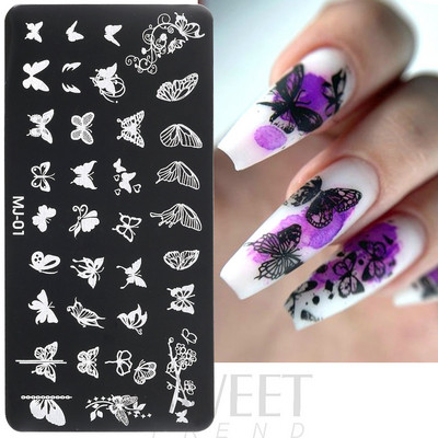 Helovīna nagu apzīmogošanas plāksnes Čūskas sirds ģeometrija franču līnija tauriņš, lapa mežģīnes nagu mākslas laka drukas veidņu rīki KEMJ