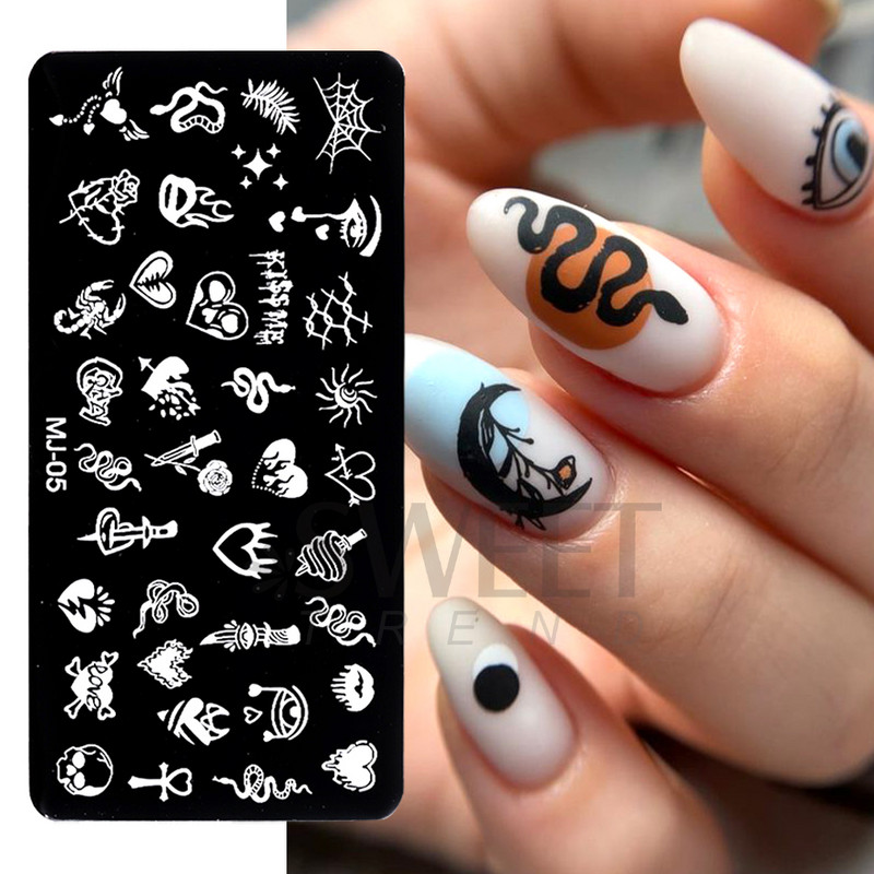 Helovīna nagu apzīmogošanas plāksnes Čūskas sirds ģeometrija franču līnija tauriņš, lapa mežģīnes nagu mākslas laka drukas veidņu rīki KEMJ