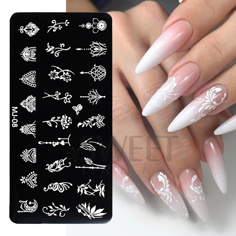 Helovīna nagu apzīmogošanas plāksnes Čūskas sirds ģeometrija franču līnija tauriņš, lapa mežģīnes nagu mākslas laka drukas veidņu rīki KEMJ