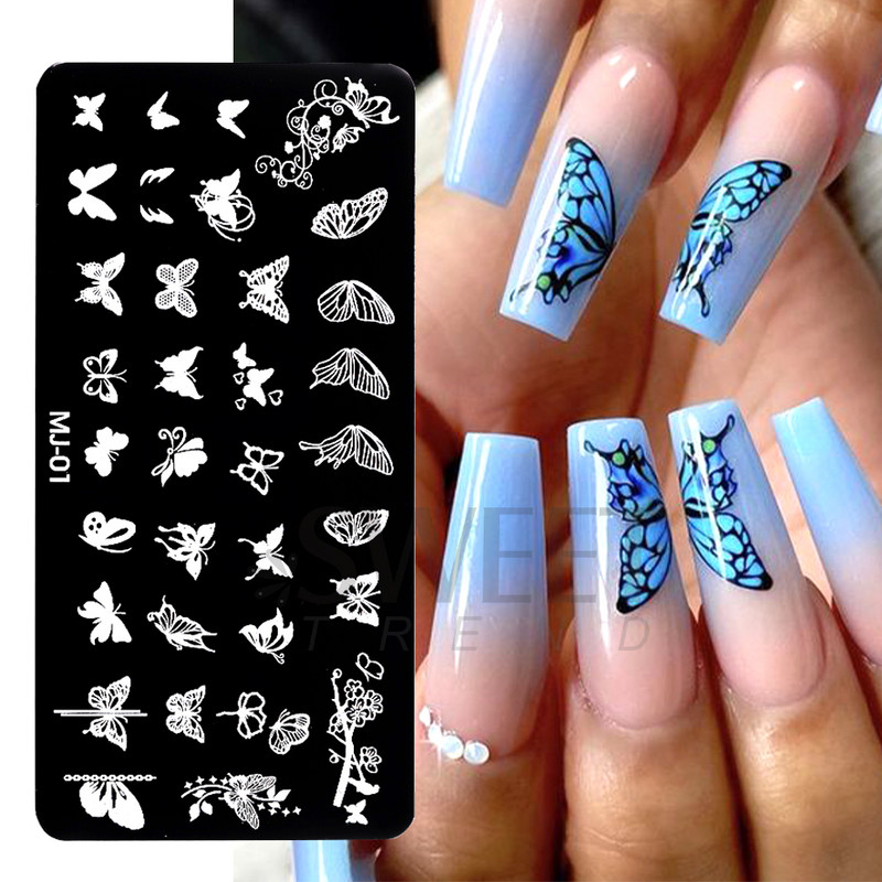 Helovīna nagu apzīmogošanas plāksnes Čūskas sirds ģeometrija franču līnija tauriņš, lapa mežģīnes nagu mākslas laka drukas veidņu rīki KEMJ