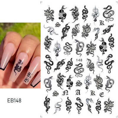 Pūķa čūskas uzlīmes nagiem 3D melns gotikas stils pašlīmējošs slīdnis Ķīniešu nagi mākslas dekorācijas uzlīmes Aptinumi CHEB145-152