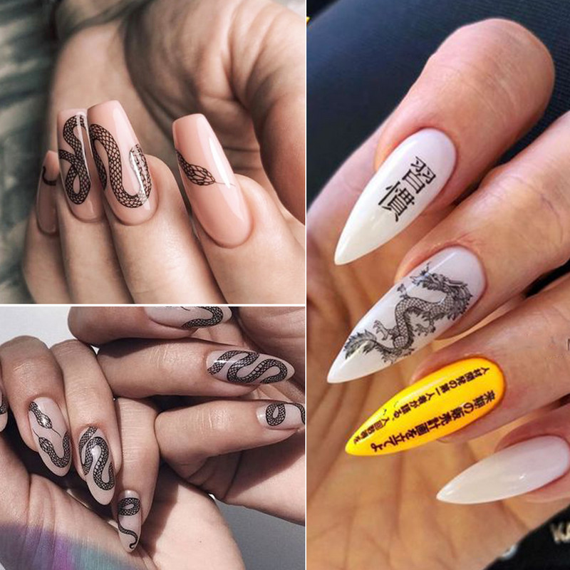 Pūķa čūskas uzlīmes nagiem 3D melns gotikas stils pašlīmējošs slīdnis Ķīniešu nagi mākslas dekorācijas uzlīmes Aptinumi CHEB145-152