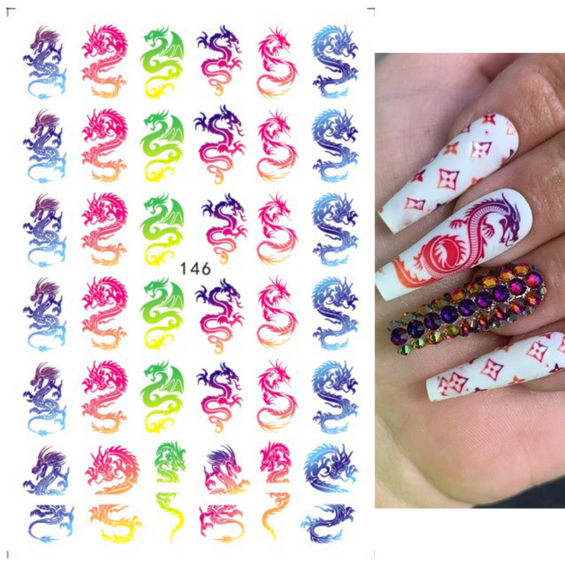 Pūķa čūskas uzlīmes nagiem 3D melns gotikas stils pašlīmējošs slīdnis Ķīniešu nagi mākslas dekorācijas uzlīmes Aptinumi CHEB145-152