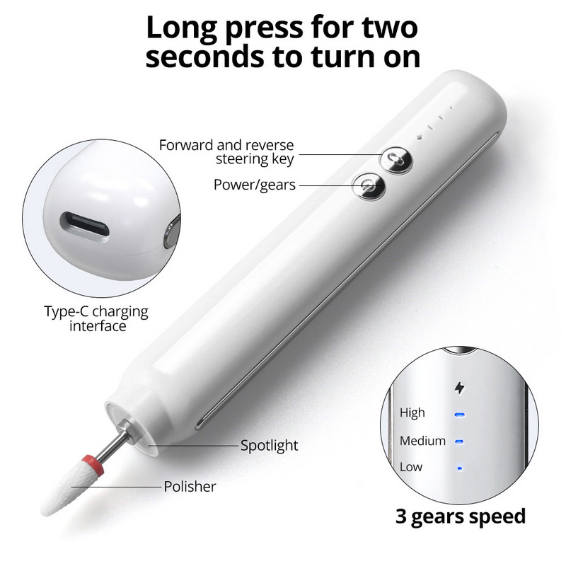 6in1 elektriskā nagu urbjmašīna ar LED gaismas manikīra griezēju profesionālu nagu labošanas pulētāju Sander Anti Dead Skin