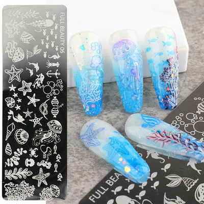 Nagu mākslas zīmoga plāksne Lapu zieds ģeometrija burtu zīmogošanas veidne Abstract Face Beach Vasaras tēmu manikīra rīki SASU01-08