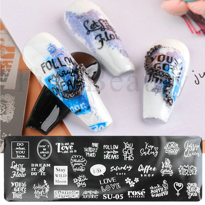 Nagu mākslas zīmoga plāksne Lapu zieds ģeometrija burtu zīmogošanas veidne Abstract Face Beach Vasaras tēmu manikīra rīki SASU01-08