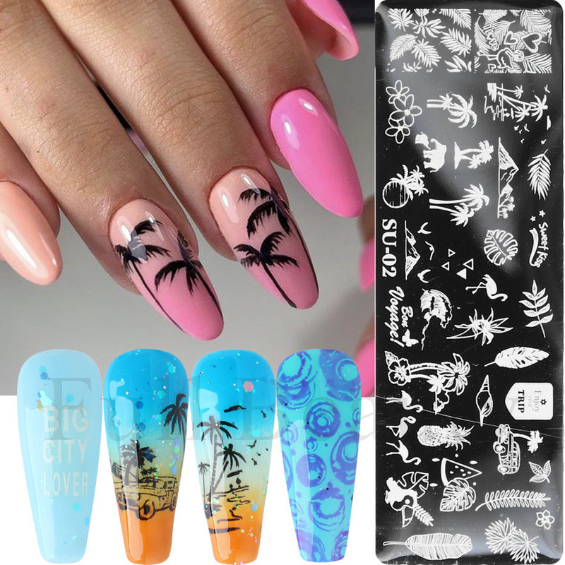 Nagu mākslas zīmoga plāksne Lapu zieds ģeometrija burtu zīmogošanas veidne Abstract Face Beach Vasaras tēmu manikīra rīki SASU01-08