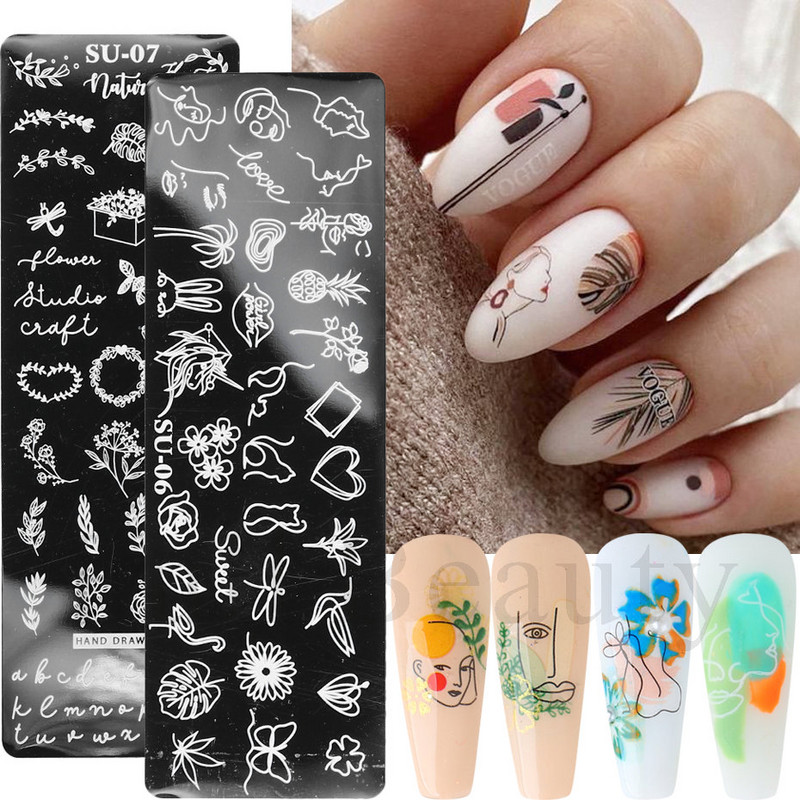 Nagu mākslas zīmoga plāksne Lapu zieds ģeometrija burtu zīmogošanas veidne Abstract Face Beach Vasaras tēmu manikīra rīki SASU01-08