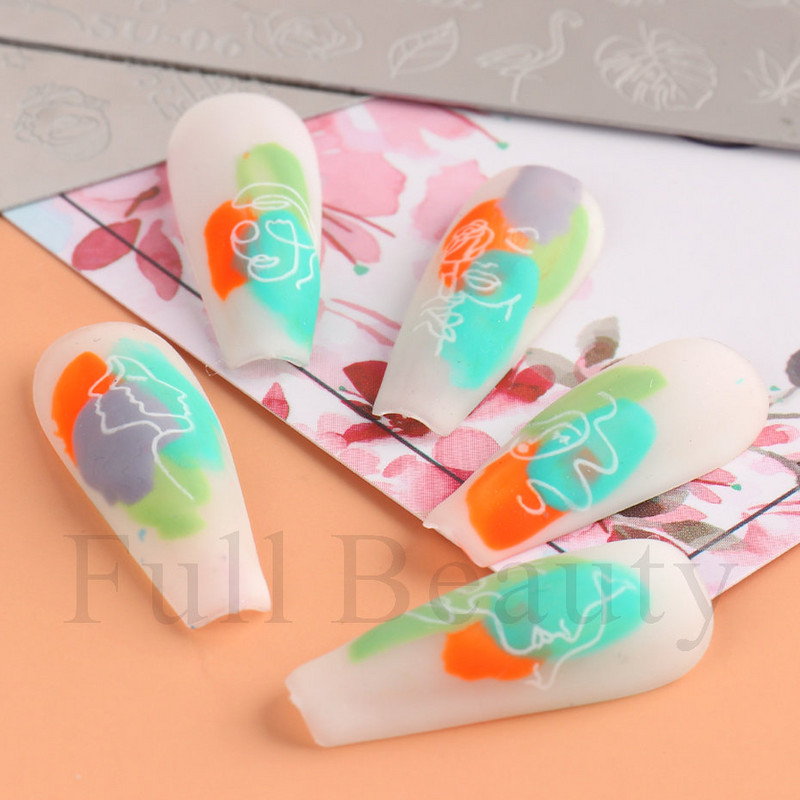 Nagu mākslas zīmoga plāksne Lapu zieds ģeometrija burtu zīmogošanas veidne Abstract Face Beach Vasaras tēmu manikīra rīki SASU01-08