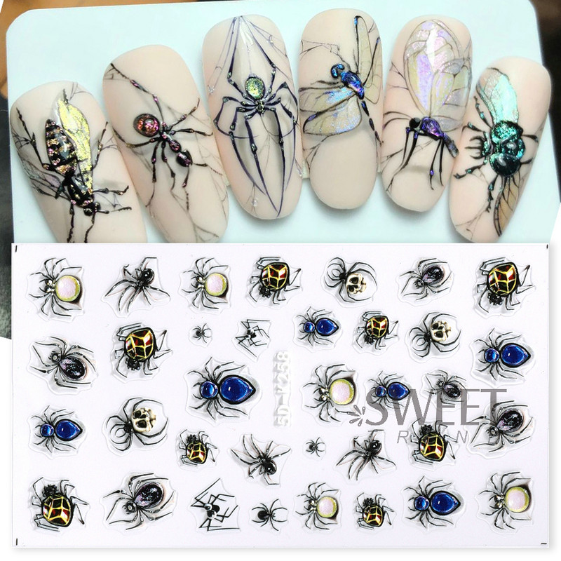 5D brangakmenių voras reljefiniai nagų lipdukai dizainas šimtakojai raudonų akių obuolių lipnūs slankikliai Šventinis vakarėlis Naujųjų metų lipdukai manikiūro folijos