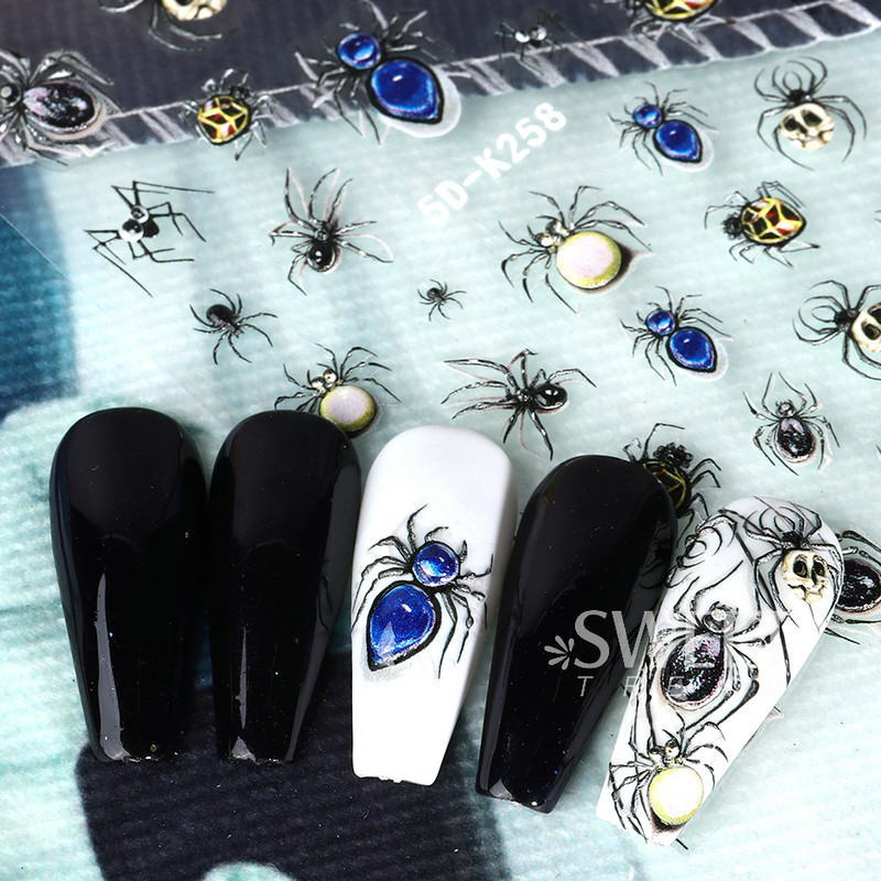 5D brangakmenių voras reljefiniai nagų lipdukai dizainas šimtakojai raudonų akių obuolių lipnūs slankikliai Šventinis vakarėlis Naujųjų metų lipdukai manikiūro folijos