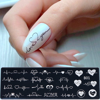 Love Heart Wave Line Nail Stamping Plate Rose Kiss Πρότυπα σφραγίδας εκτύπωσης αγγλικών χαρακτήρων Καλούπια στένσιλ νυχιών για το Valentine