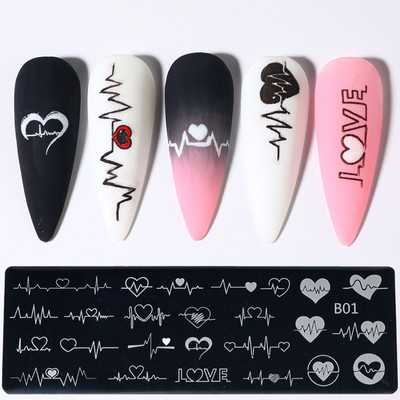 Doska na razenie nechtov s láskou a srdcom, vlnovkou, ružovým bozkom, anglickými znakmi, šablónami pečiatok na zdobenie nechtov na Valentína