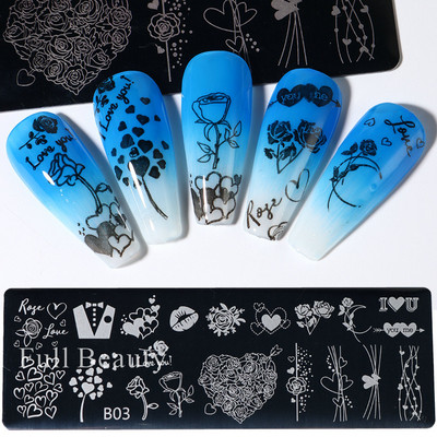 Doska na razenie nechtov s láskou a srdcom, vlnovkou, ružovým bozkom, anglickými znakmi, šablónami pečiatok na zdobenie nechtov na Valentína