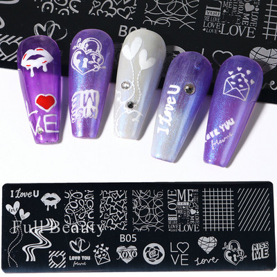 Doska na razenie nechtov s láskou a srdcom, vlnovkou, ružovým bozkom, anglickými znakmi, šablónami pečiatok na zdobenie nechtov na Valentína