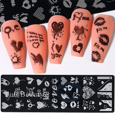 Doska na razenie nechtov s láskou a srdcom, vlnovkou, ružovým bozkom, anglickými znakmi, šablónami pečiatok na zdobenie nechtov na Valentína