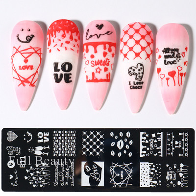 Doska na razenie nechtov s láskou a srdcom, vlnovkou, ružovým bozkom, anglickými znakmi, šablónami pečiatok na zdobenie nechtov na Valentína