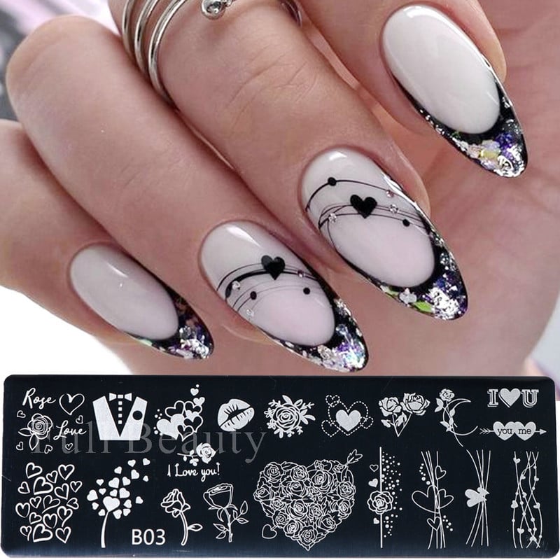 Love Heart Wave Line Nagų štampavimo plokštelė Rose Kiss Anglų simbolių spausdinimo Antspaudų šablonai Valentino Nail Art Trafaretai Formos