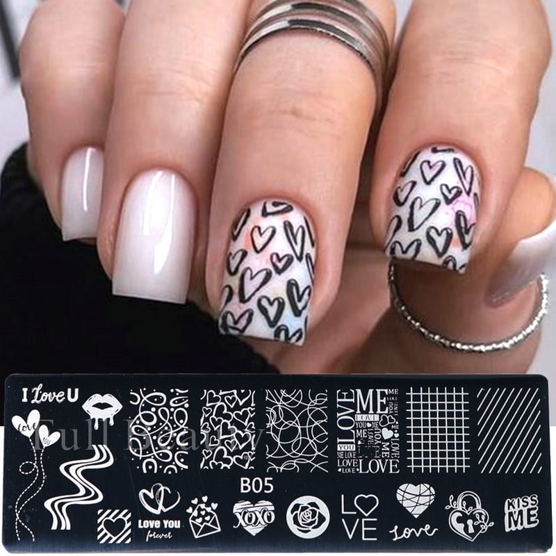 Love Heart Wave Line Nagų štampavimo plokštelė Rose Kiss Anglų simbolių spausdinimo Antspaudų šablonai Valentino Nail Art Trafaretai Formos