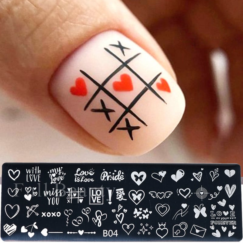 Love Heart Wave Line Nagų štampavimo plokštelė Rose Kiss Anglų simbolių spausdinimo Antspaudų šablonai Valentino Nail Art Trafaretai Formos