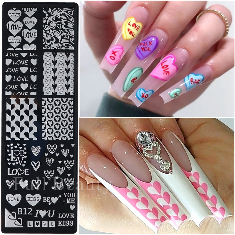 Love Heart Wave Line Nagų štampavimo plokštelė Rose Kiss Anglų simbolių spausdinimo Antspaudų šablonai Valentino Nail Art Trafaretai Formos