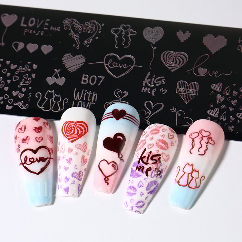 Love Heart Wave Line Nagų štampavimo plokštelė Rose Kiss Anglų simbolių spausdinimo Antspaudų šablonai Valentino Nail Art Trafaretai Formos